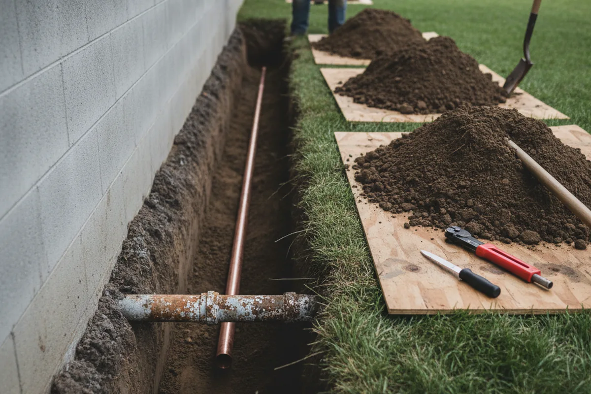 Excavated water line trench during Sewer Line Repair in Elma